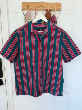 Original Use Striped Camp Shirt Large Teal Pink Cotton Vacation Resort Retro